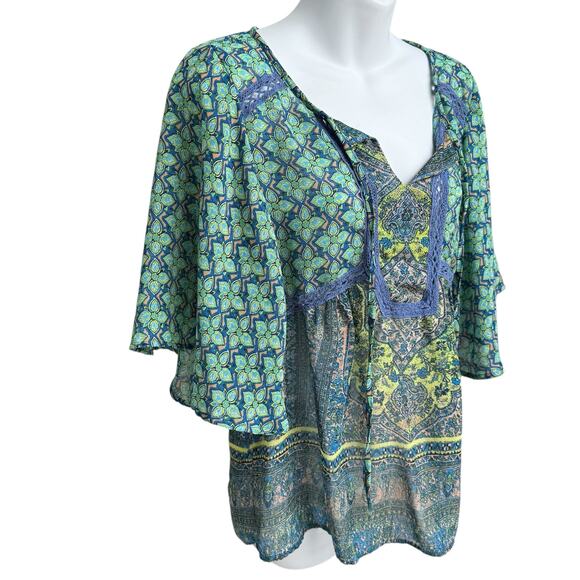 Fig & Flower Anthropologie Boho Top Womens Medium Green Blue Tunic Hippie Blouse - Picture 2 of 11